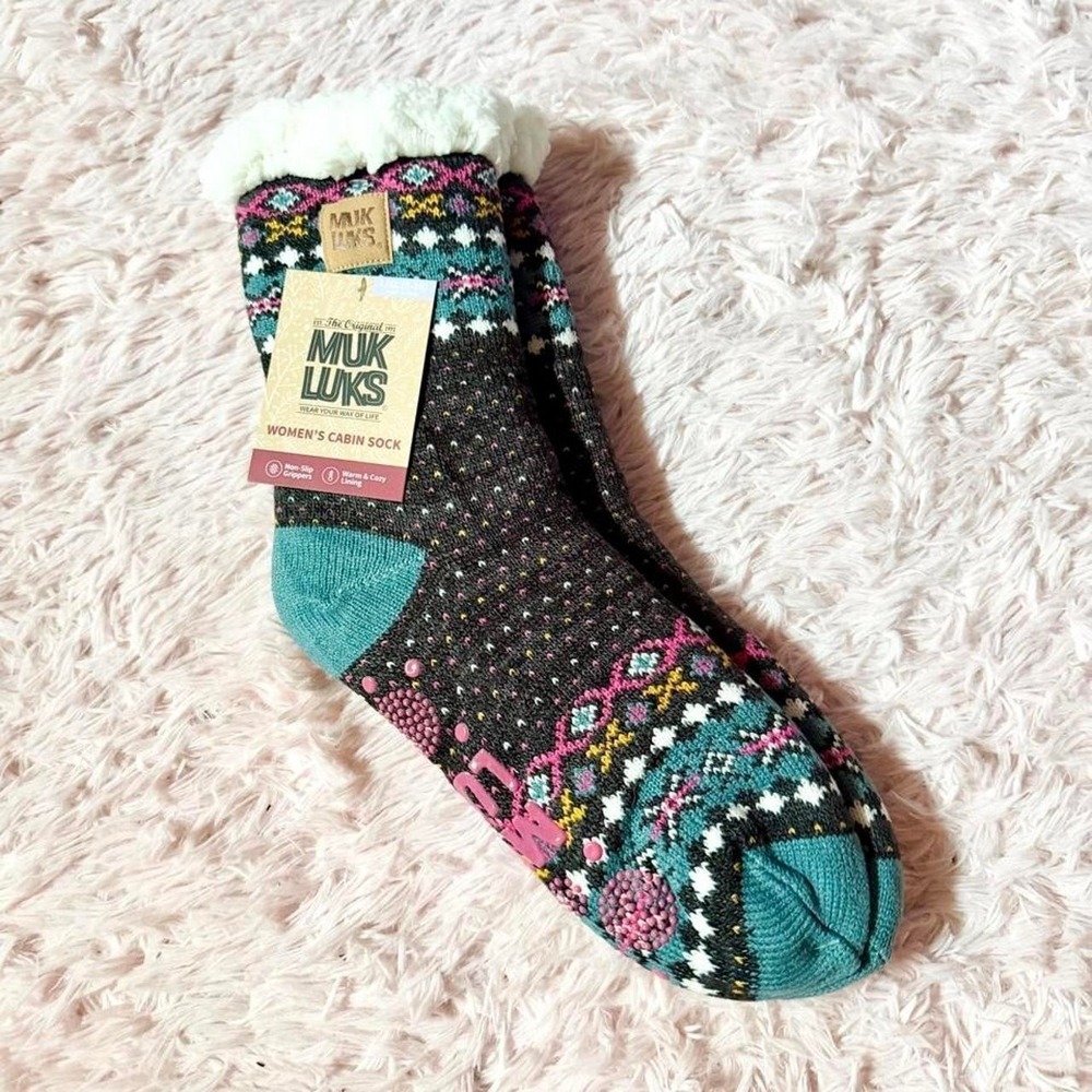 Muk Luks Sweater Cozy Grip Non Slip Socks Womens L Fair Isle Lodge Ski Trip Boho